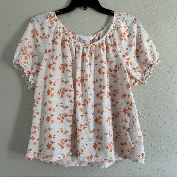 🦋 LC Lauren Conrad White Orange Floral Short Sleeve Blouse Spring Casual XXL - Picture 1 of 8